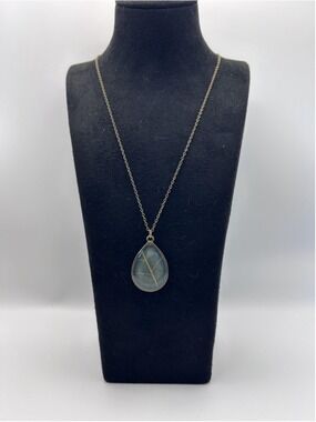 Necklace Blue Glass Teardrop Leaf Pendant Nature Chain Lobster Clasp 16 Inch